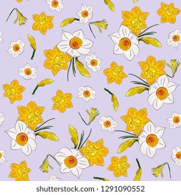 Seamless pattern with spring  flowers and leaves. Easter Hand drawn background with  narcissus,daffodils
 . spring flowers. floral pattern for wallpaper or textile