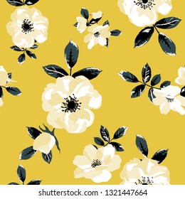 Seamless pattern with spring flowers and leaves. Hand drawn background. floral pattern for wallpaper or fabric.