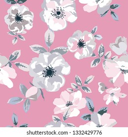 Seamless pattern with spring flowers and leaves. Hand drawn background. floral pattern for wallpaper or fabric.