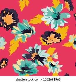 Seamless pattern with spring flowers and leaves. Hand drawn background.