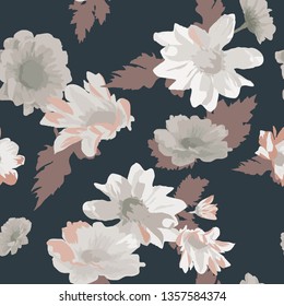 Seamless pattern with spring flowers and leaves. Hand drawn background.