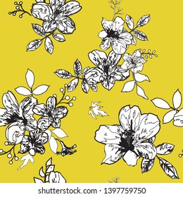 Seamless pattern with spring flowers and leaves. Hand drawn background. floral pattern for wallpaper or fabric. - Vector 