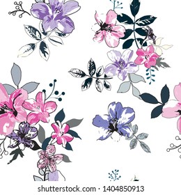 Seamless pattern with spring flowers and leaves. Hand drawn background. floral pattern for wallpaper or fabric. - Vector 