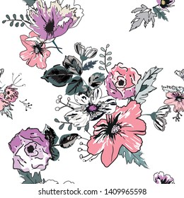 Seamless pattern with spring flowers and leaves. Hand drawn background. floral pattern for wallpaper or fabric