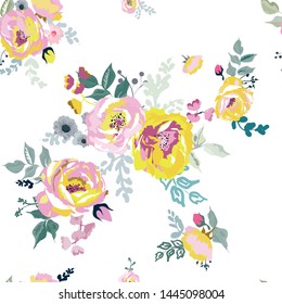 Seamless pattern with spring flowers and leaves. Hand drawn background. floral pattern for wallpaper or fabric.
