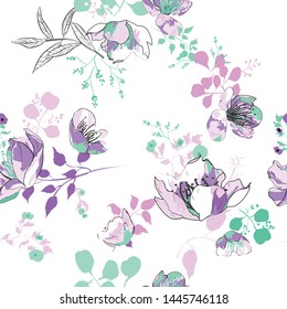 Seamless pattern with spring flowers and leaves. Hand drawn background. floral pattern for wallpaper or fabric
