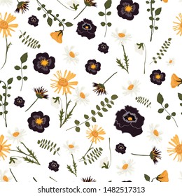 Seamless pattern with spring flowers and leaves. Hand drawn background. floral pattern for wallpaper or fabric. Flower rose. Botanic Tile.