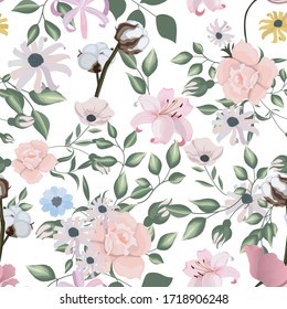 Seamless pattern with spring flowers and leaves. Hand drawn floral pattern for wallpaper or fabric. Botanic tile.