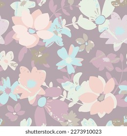 Seamless pattern with spring flowers and leaves. modern pastel spring, delicate flower background. floral pattern for wallpaper or fabric. Botanical tiles.