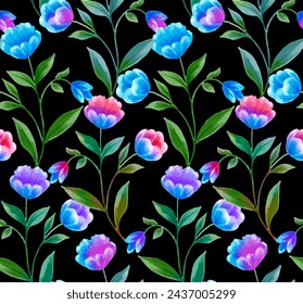 Seamless pattern with spring flowers and leaves. Hand drawn background. floral pattern for wallpaper or fabric. botanical watercolor illustration and background