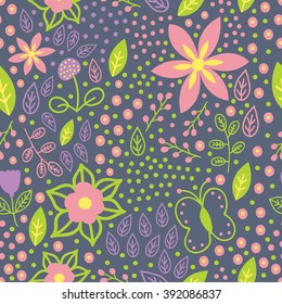 Seamless pattern with spring flowers and leaves. Texture for printing on fabric, paper, linen, curtain.