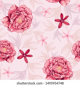 Seamless pattern with spring flowers and leaves.Striped background bouquet of peony red on a pink background.Luxurious, vintage style fabric design.Vector background pattern pastel pink roses.
