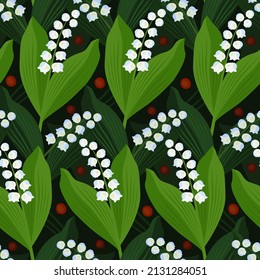 Flores primaverales sin foco, lirios del valle. Impresión floral de cebada blanca, hojas verdes, bayas rojas. Usado para textiles, impresos, afiches.
