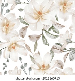Seamless pattern with spring flowers magnolia white and leaves, floral pattern for wallpaper background