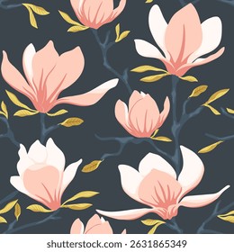 Seamless pattern with spring flowers magnolia and leaves, floral pattern for wallpaper background. Vector illustration.