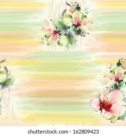 Seamless pattern with spring flowers on grunge striped colorful background in pastel colors