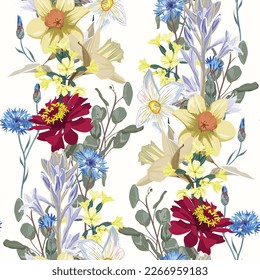Seamless pattern with spring flowers on white background, floral illustration in modern style.  Floral pattern for invitations, cards, print, gift wrap, manufacturing, textile, fabric.