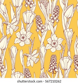 Seamless pattern with spring flowers on yellow background. Vector illustration for your design