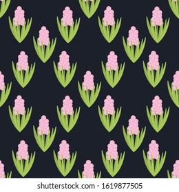 Seamless pattern with spring flowers. Pink Hyacinths on dark blue . Vector drawn background for fabric and other surfaces.