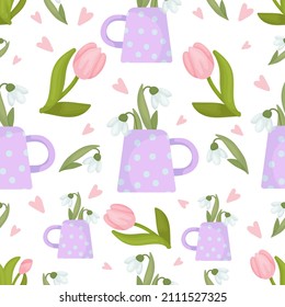Seamless pattern with spring flowers, pink tulips, snowdrops in a vase. Cute cartoon background. Vector graphics.