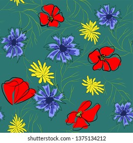 Seamless pattern of spring flowers. Poppy, chamomile, cornflower. Illustration on green background