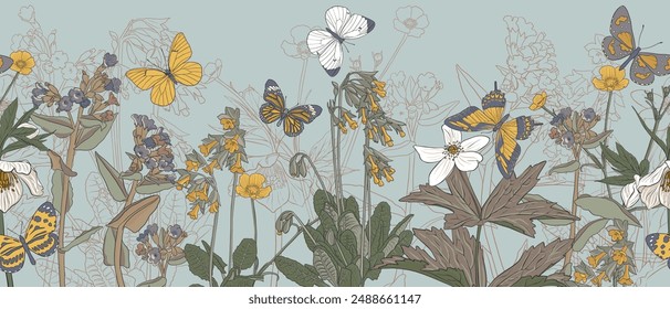 patrón sin costuras con flores de primavera, prímula y anémonas, dibujo de Vector de plantas silvestres y mariposas en fondo azul claro , ilustración natural dibujada a mano