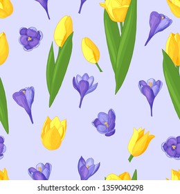 Seamless pattern of spring flowers: purple crocuses and yellow tulips