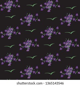 Seamless pattern of spring flowers purple irises, abstract print background, fabrics