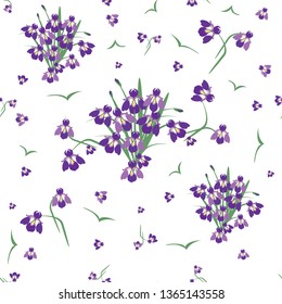 Seamless pattern of spring flowers purple irises, abstract print background, fabrics