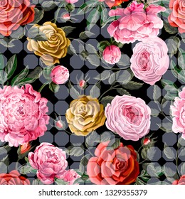 Seamless pattern with spring flowers  roses and peony. 