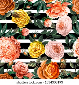 Seamless pattern with spring flowers  roses and peony.