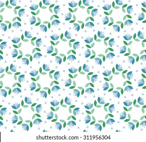 Seamless pattern of spring flowers in round garlands. Floral print in fresh cool blue and mint green colors on white. Abstract Background. Vector Illustration.