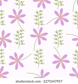 Seamless pattern of spring flowers scylla and plants. Vector flat illustration.