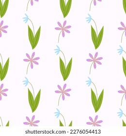 Seamless pattern of spring flowers scylla and plants. Vector flat illustration.