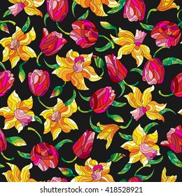 Seamless pattern with spring flowers in stained glass style, buds and leaves of daffodils and tulips on a dark background