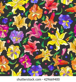 Seamless pattern with spring flowers in stained glass style, buds and leaves of pansies and lilies on a dark background