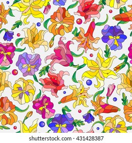 Seamless pattern with spring flowers in stained glass style, buds and leaves of pansies and lilies on a light background
