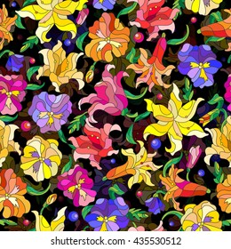 Seamless pattern with spring flowers in stained glass style, buds and leaves of pansies and lilies on a dark background