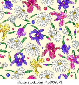 Seamless pattern with spring flowers in stained glass style, flowers, buds and leaves of  daisies and irises on a light background