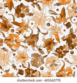 Seamless pattern with spring flowers in stained glass style, flowers, buds and leaves of  lilies and pansies on a light background,brown tone, Sepia
