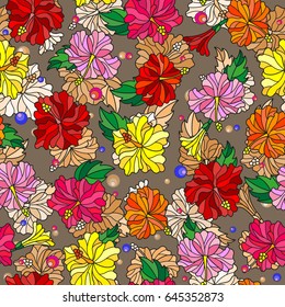Seamless pattern with spring flowers in stained glass style, flowers, buds and leaves of  hibiscus on a abstract background