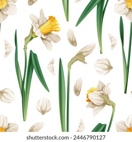 Seamless pattern with spring flowers. Texture with daffodils and petals. Vector graphics. Easter background. Great for wallpaper, fabric, cards