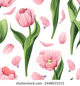 Seamless pattern with spring flowers. Texture with pink tulips and petals. Vector graphics. Great for wallpaper, fabric, cards