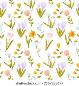 A seamless pattern of spring flowers. Tulip, daffodil, crocus, daisy. Vector illustration