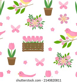 Seamless pattern Spring flowers tulips pink birds vector illustration	