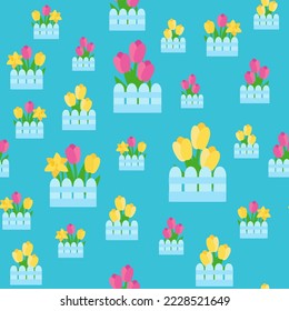 Seamless pattern spring flowers tulips and daffodils behind the fence. Ornament for textiles, packaging, background design in cartoon style.
