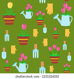 Flores de primavera sin foco tulipanes en una olla, lata de agua, espátula, rastrillo y guante. Ornamento para textiles, embalaje, diseño de fondo al estilo de las caricaturas.
