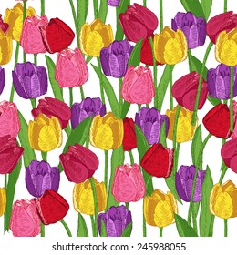 Seamless pattern with spring flowers. Tulips. Summer floral background. Texture with flowering plants in doodle vintage style. Sketch. Hipster blossom design.