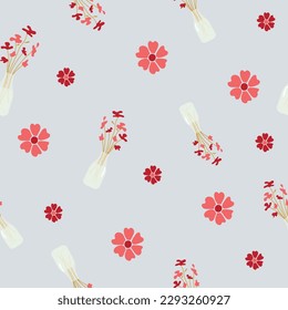 Seamless pattern of spring flowers in a vase on a grey background. Vector illustration for decoration, textile, fabrics, wrapping paper, banners for stores.