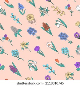 Seamless pattern with spring flowers. Vector floral pattern in doodle style with flowers and leaves. Gentle, spring floral background.
